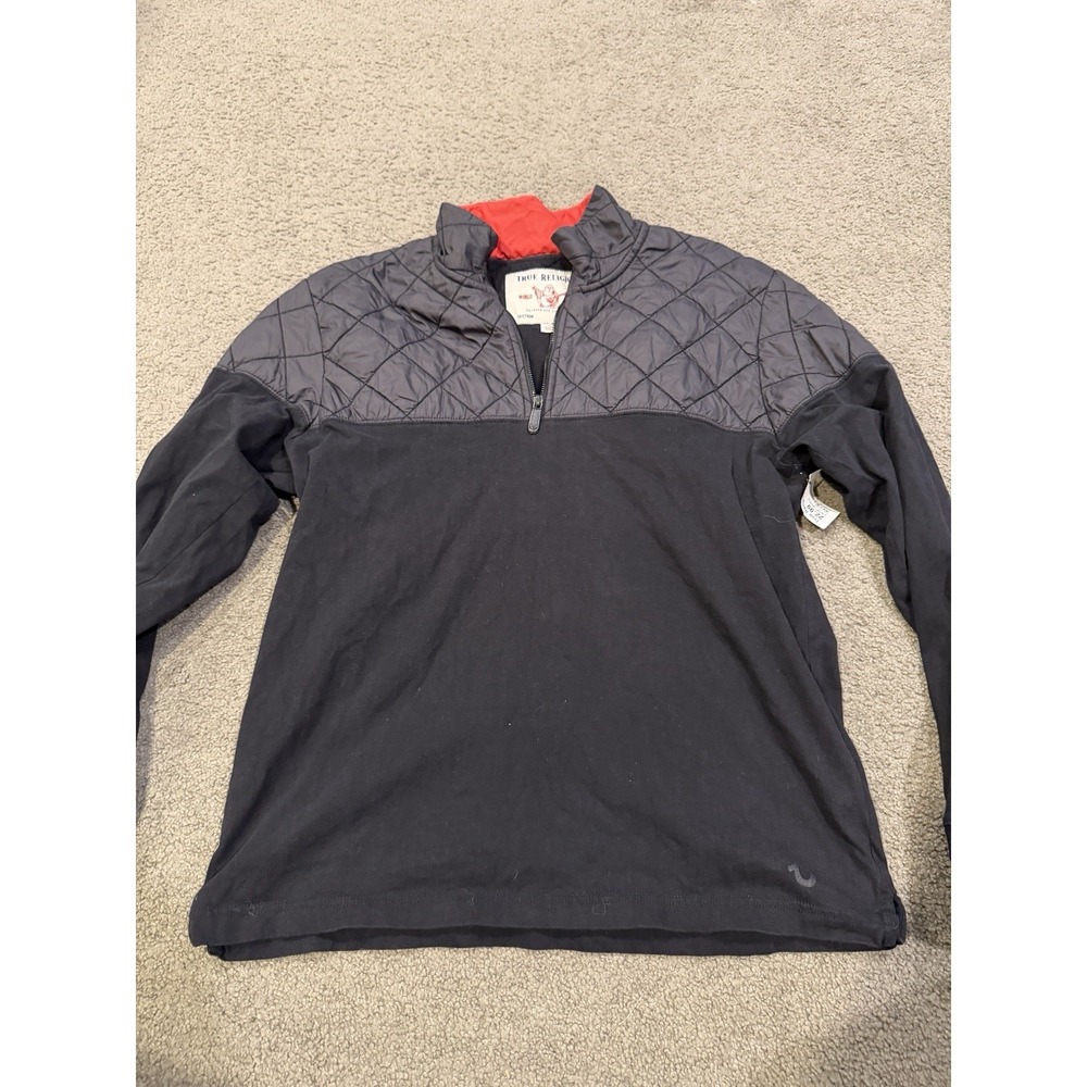 True Religion Men's Quilted Quarter Zip Up Black Men's‎ Size Large